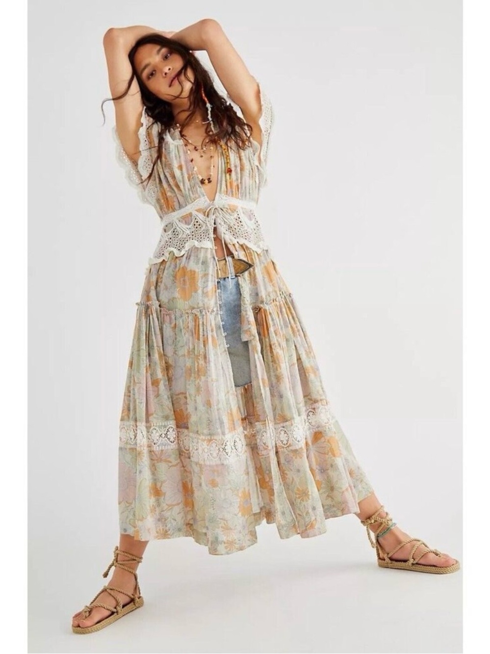 Free People Field Of Dreams Maxi Top Kimono Dress Floral Lace Sz S
